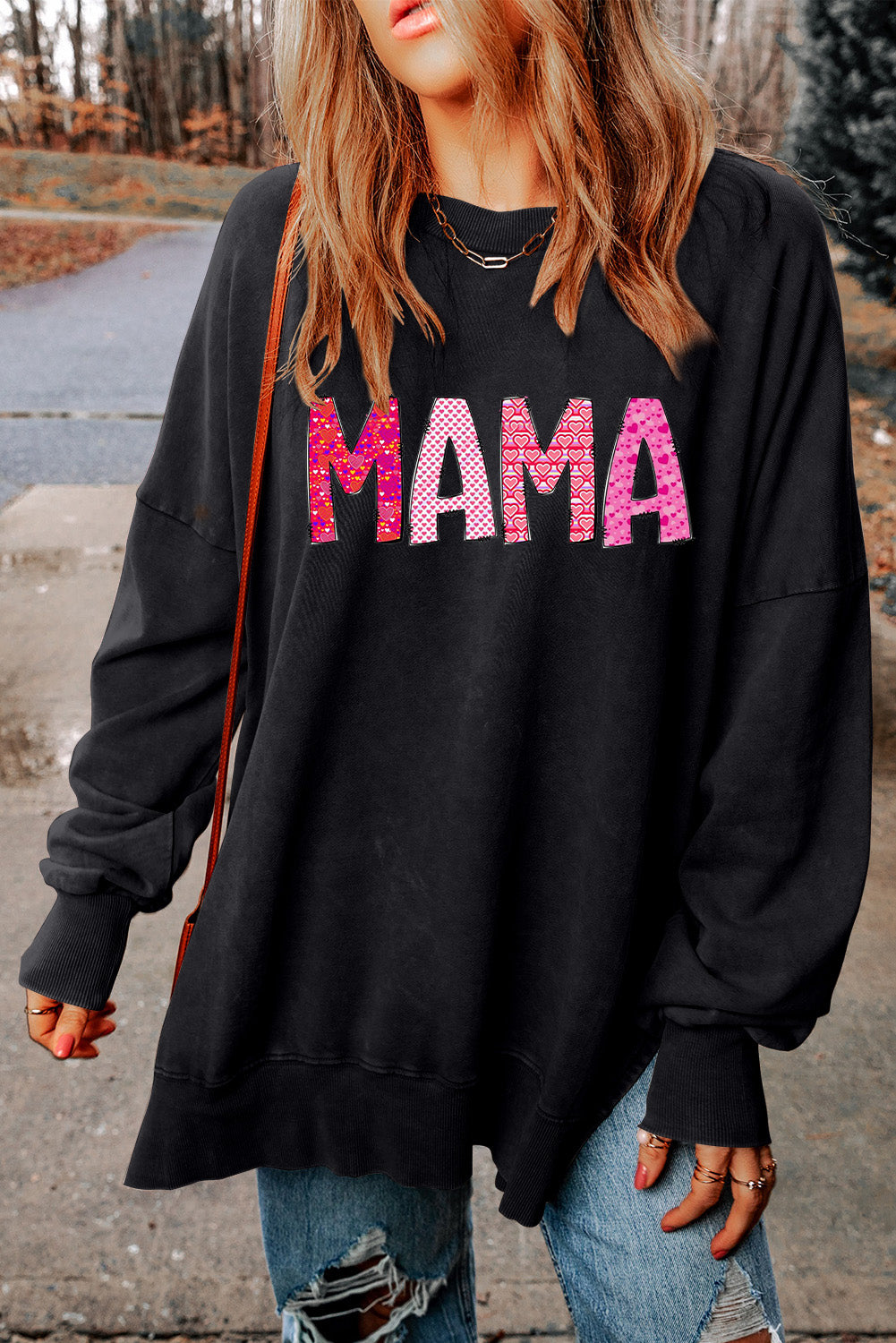 MAMA Letters Print Drop Shoulder Ribbed Trim Oversized Sweatshirt