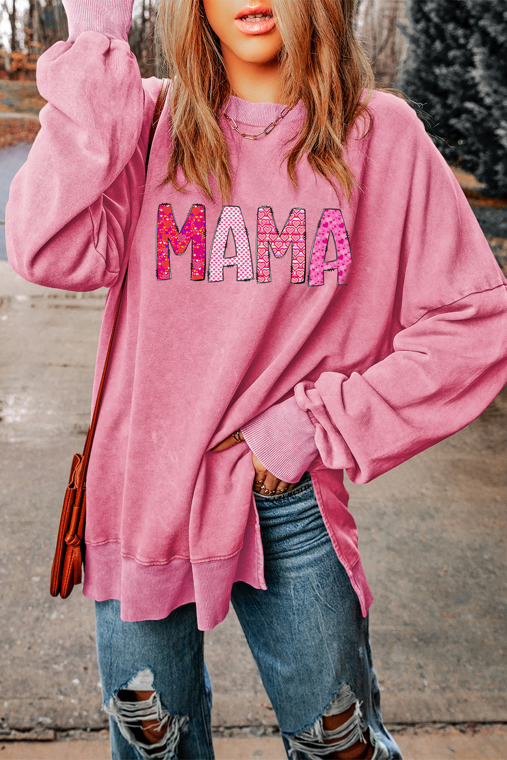 MAMA Letters Print Drop Shoulder Ribbed Trim Oversized Sweatshirt