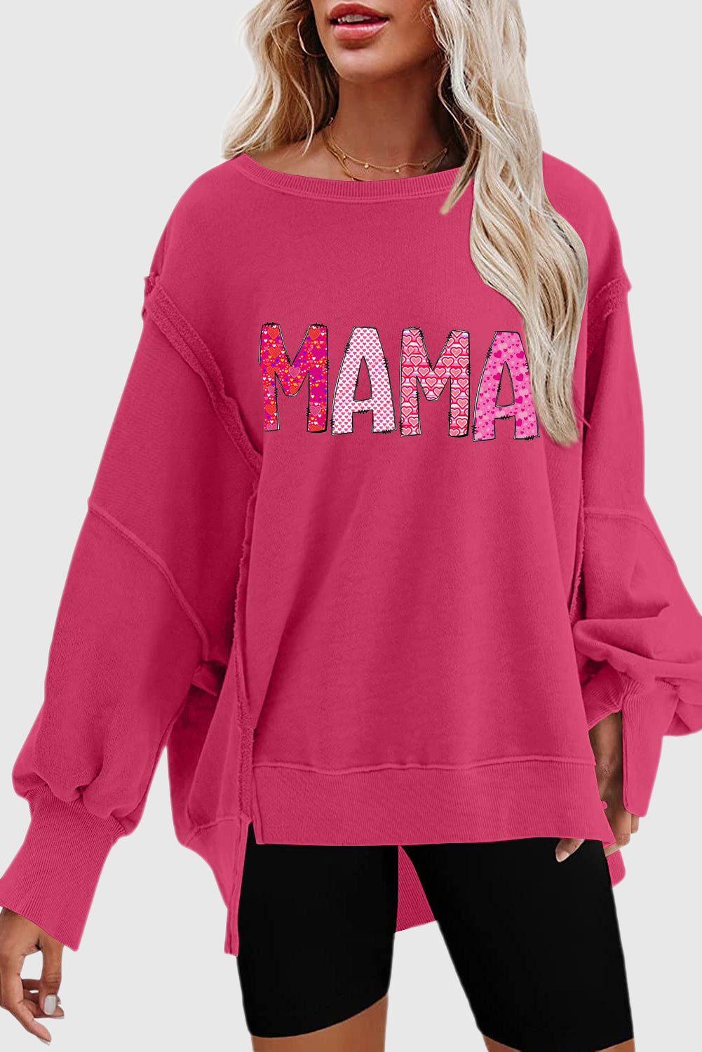 MAMA Letters Print Exposed Seam Drop Shoulder Slit High Low Hem Sweatshirt