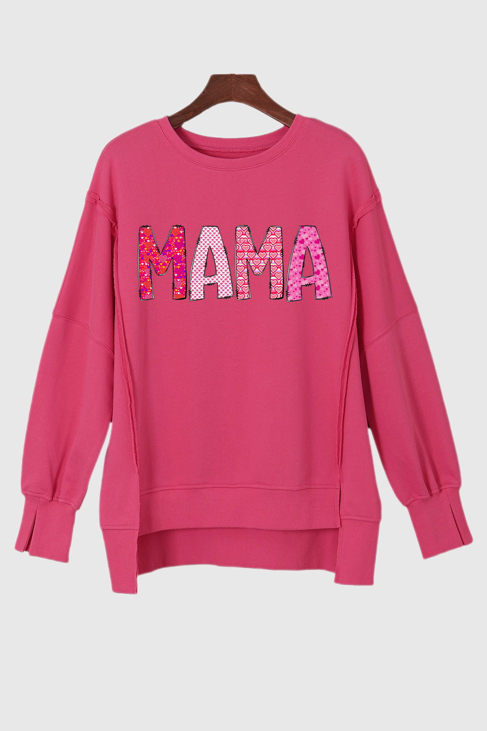 MAMA Letters Print Exposed Seam Drop Shoulder Slit High Low Hem Sweatshirt