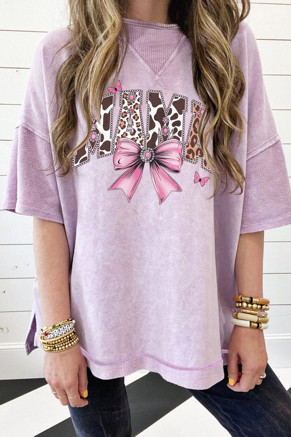 Mother's Day Bow Print Mineral Washed Oversized Drop Shoulder T-Shirt