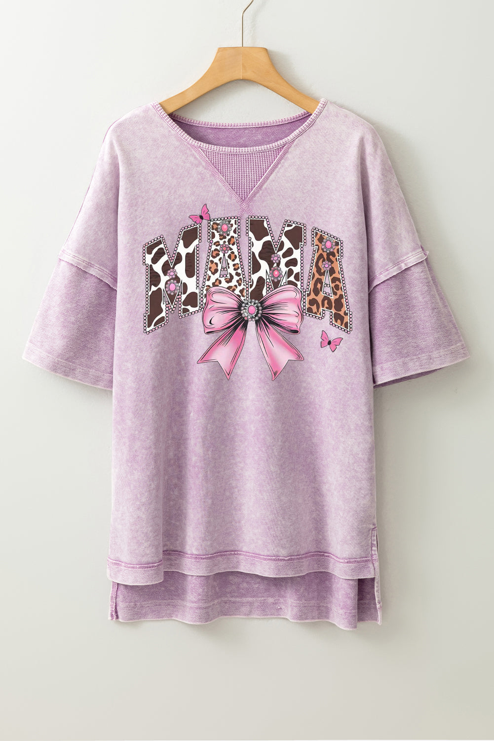 Mother's Day Bow Print Mineral Washed Oversized Drop Shoulder T-Shirt