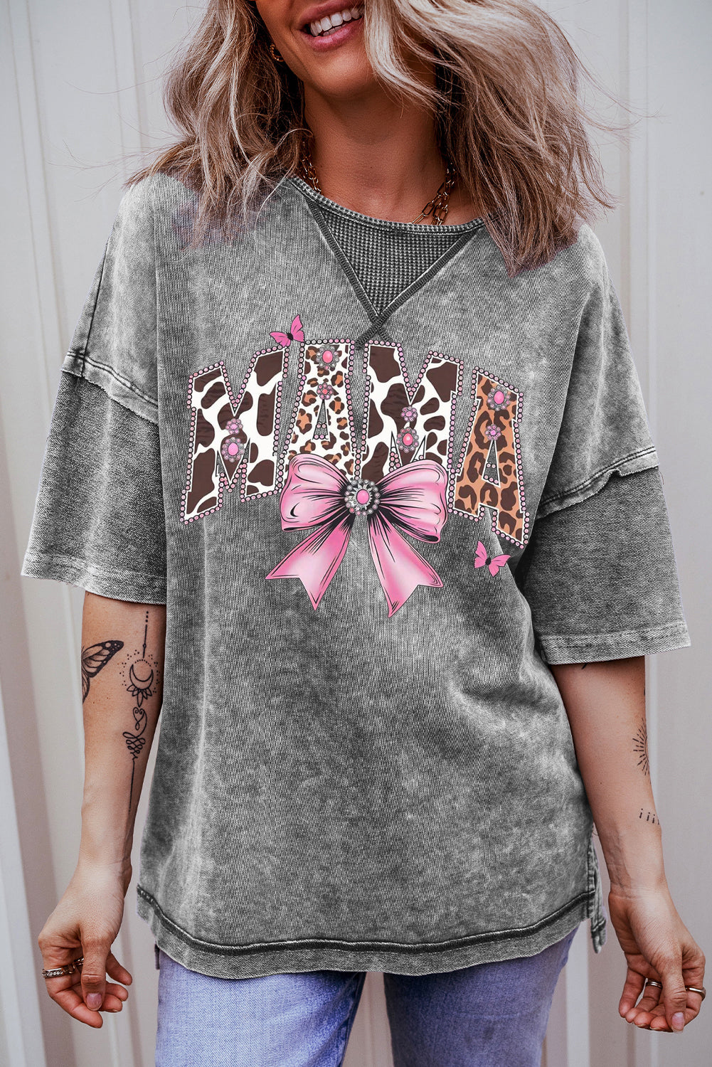 Mother's Day Bow Print Mineral Washed Oversized Drop Shoulder T-Shirt