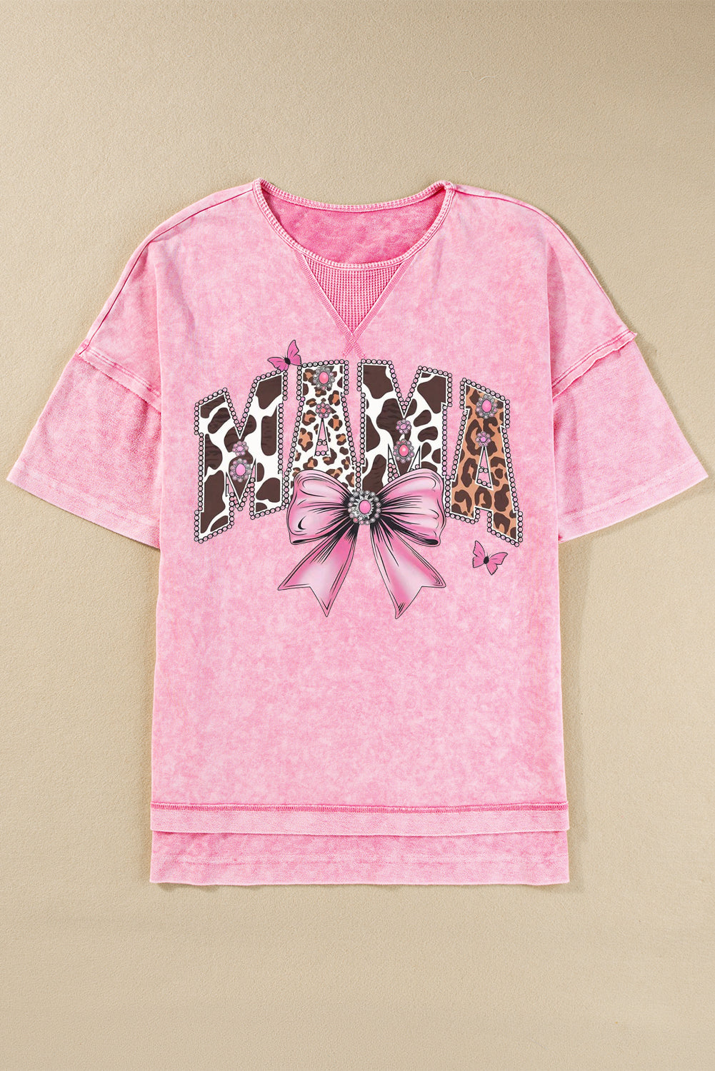 Mother's Day Bow Print Mineral Washed Oversized Drop Shoulder T-Shirt