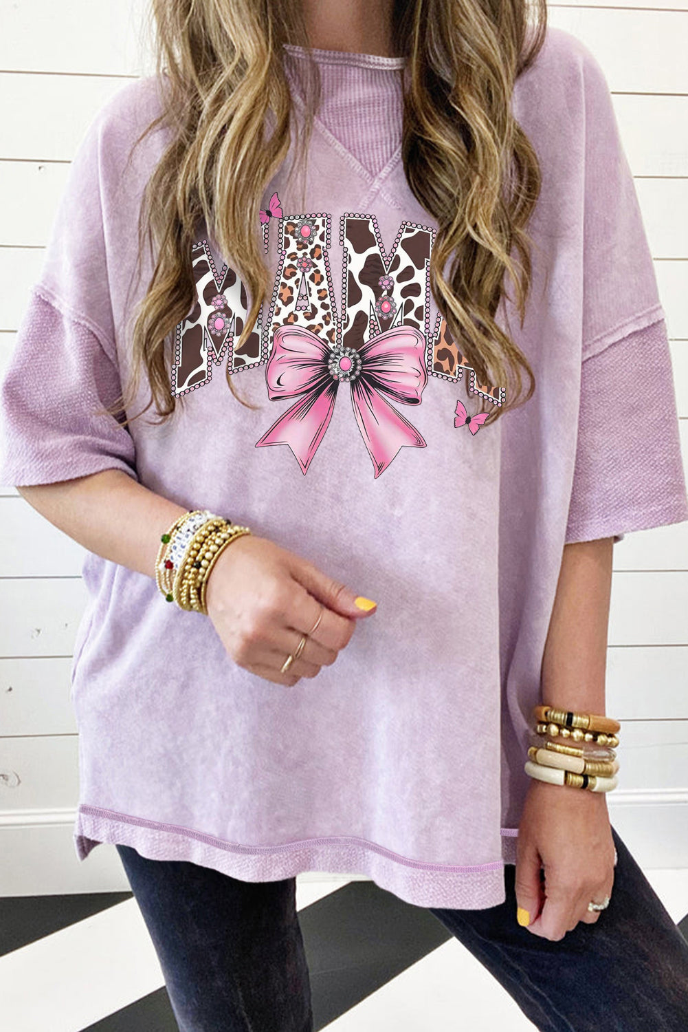 Mother's Day Bow Print Mineral Washed Oversized Drop Shoulder T-Shirt