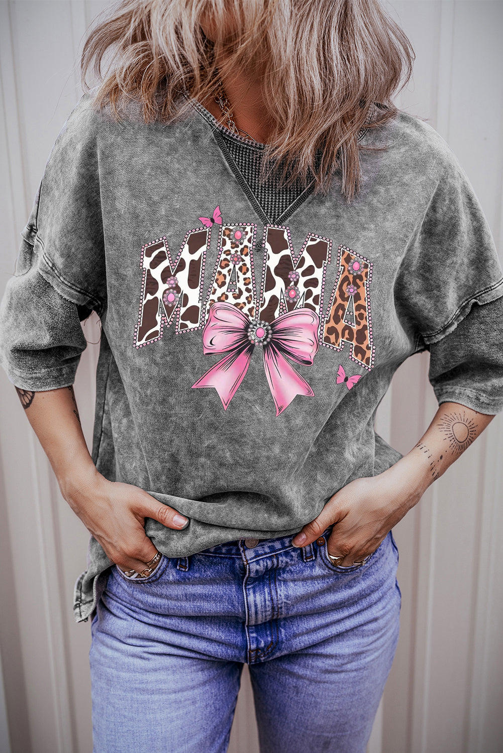 Mother's Day Bow Print Mineral Washed Oversized Drop Shoulder T-Shirt