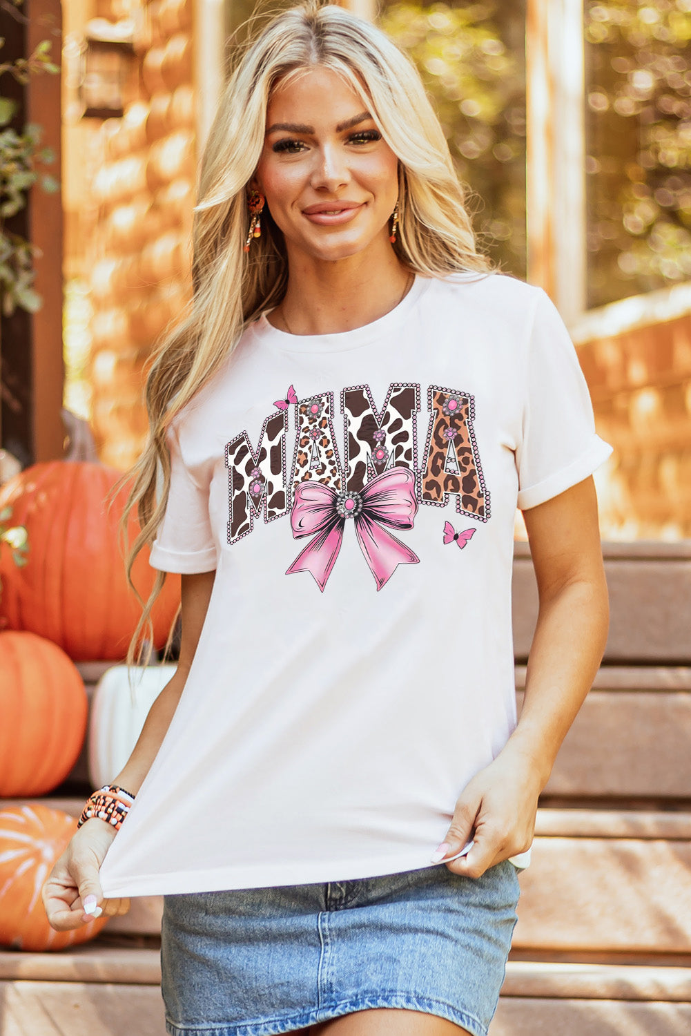 Mother's Day Bow Print Casual Plain Crew Neck T-Shirt