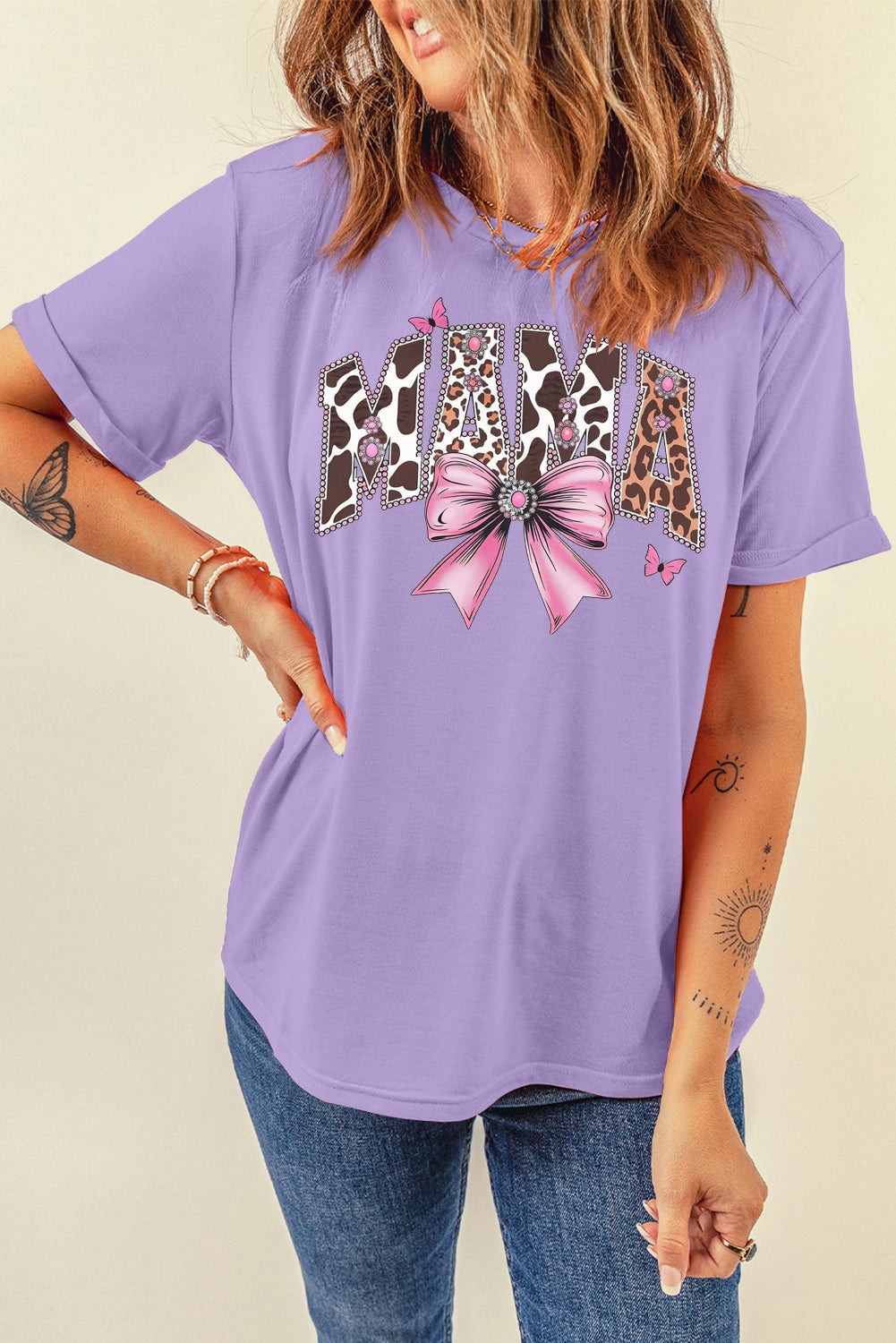 Mother's Day Bow Print Casual Plain Crew Neck T-Shirt