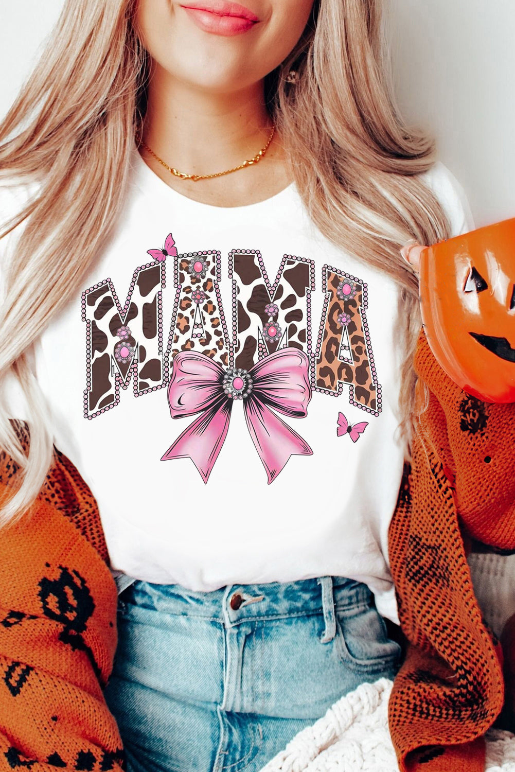 Mother's Day Bow Print Casual Plain Crew Neck T-Shirt