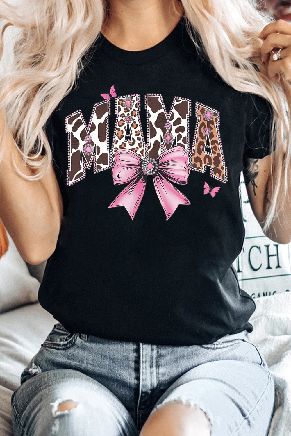 Mother's Day Bow Print Casual Plain Crew Neck T-Shirt