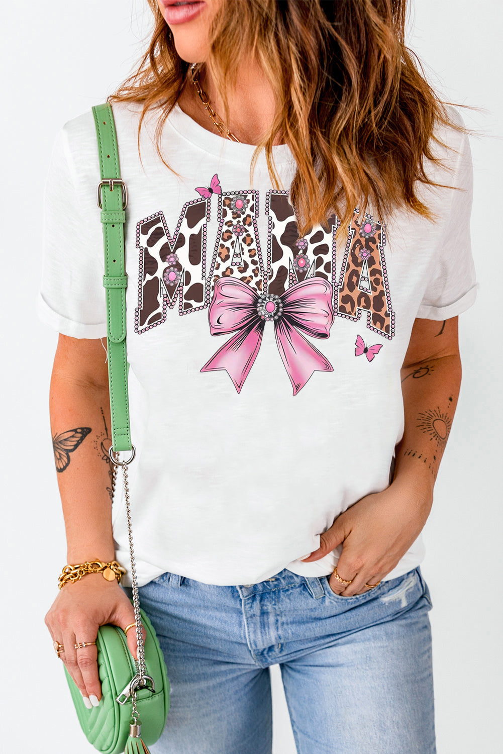 Mother's Day Bow Print Casual Plain Crew Neck T-Shirt