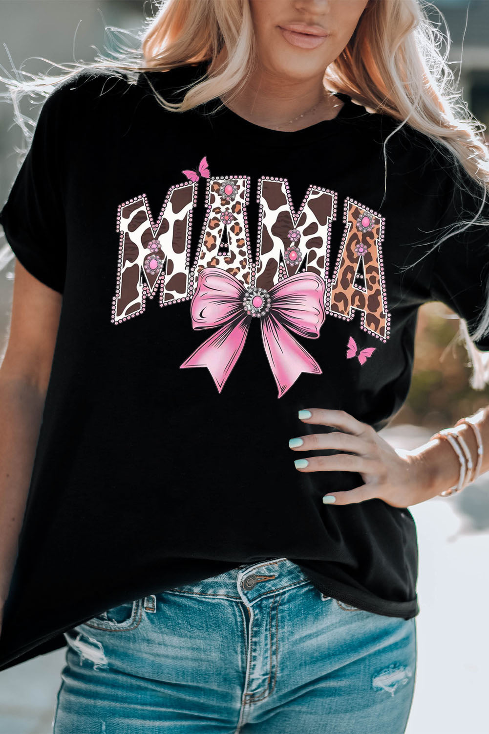 Mother's Day Bow Print Casual Plain Crew Neck T-Shirt
