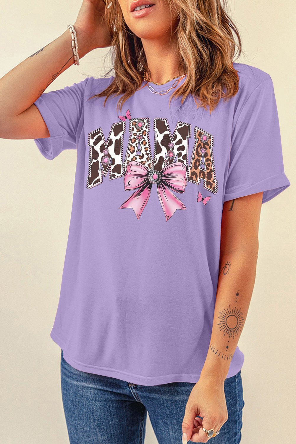Mother's Day Bow Print Casual Plain Crew Neck T-Shirt
