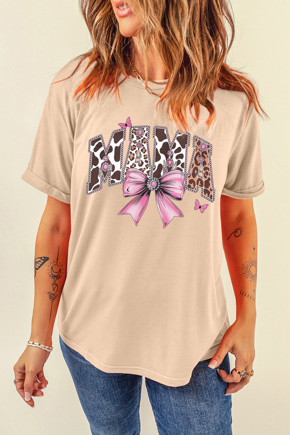 Mother's Day Bow Print Casual Plain Crew Neck T-Shirt