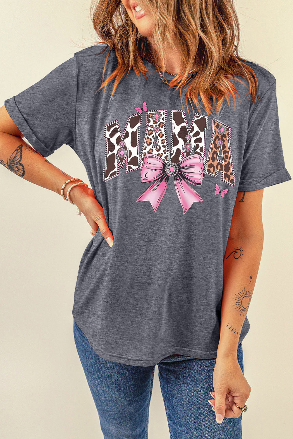 Mother's Day Bow Print Casual Plain Crew Neck T-Shirt