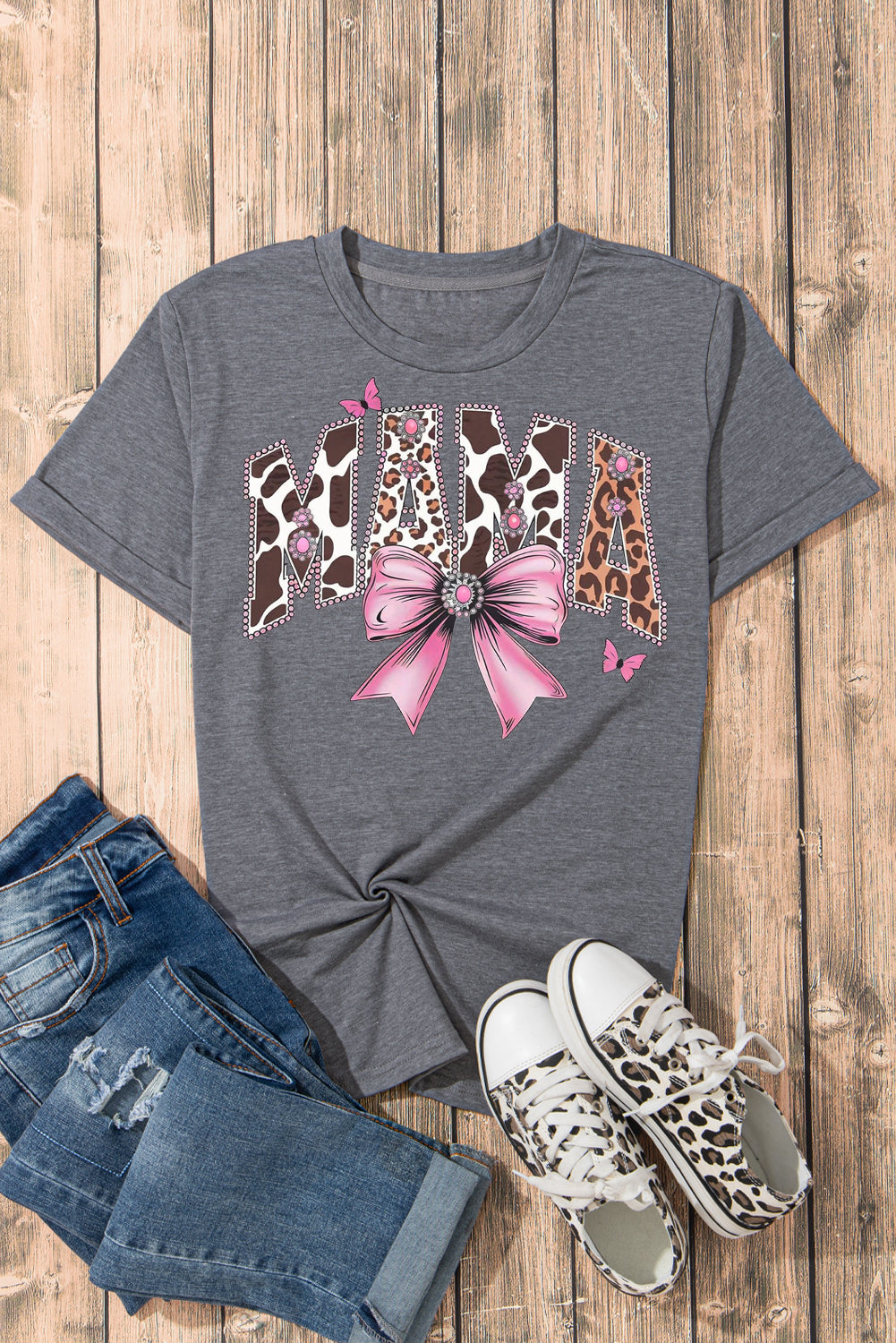 Mother's Day Bow Print Casual Plain Crew Neck T-Shirt