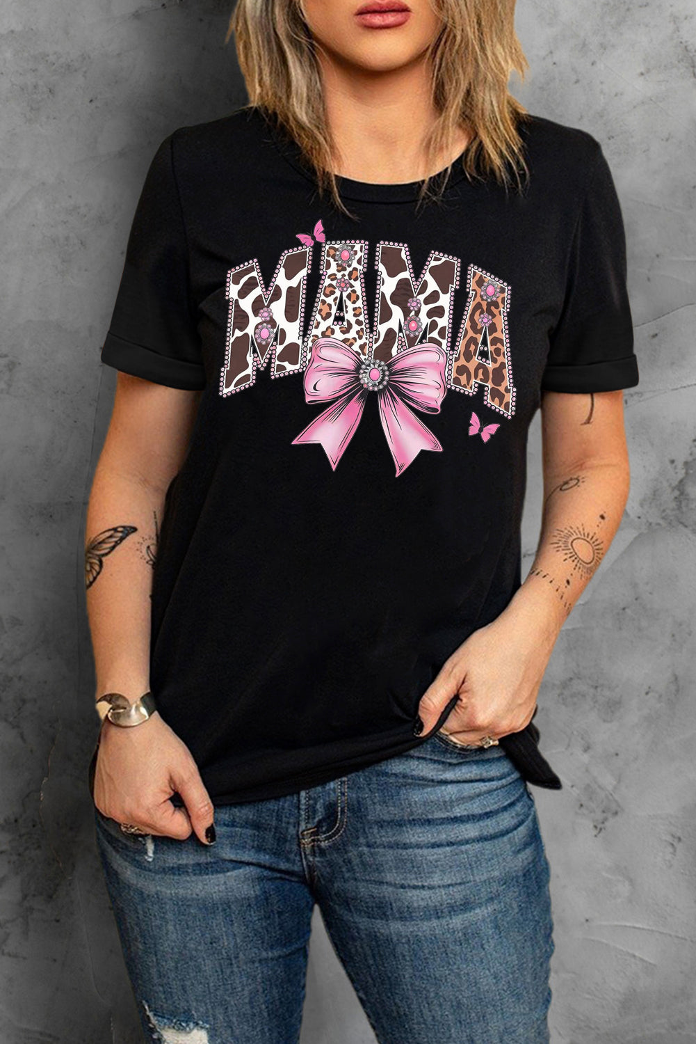 Mother's Day Bow Print Casual Plain Crew Neck T-Shirt