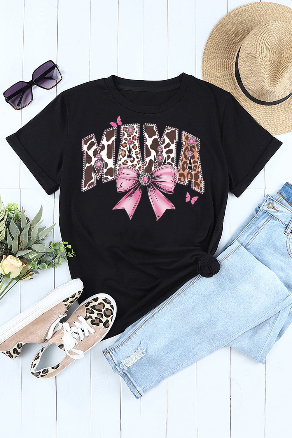Mother's Day Bow Print Casual Plain Crew Neck T-Shirt
