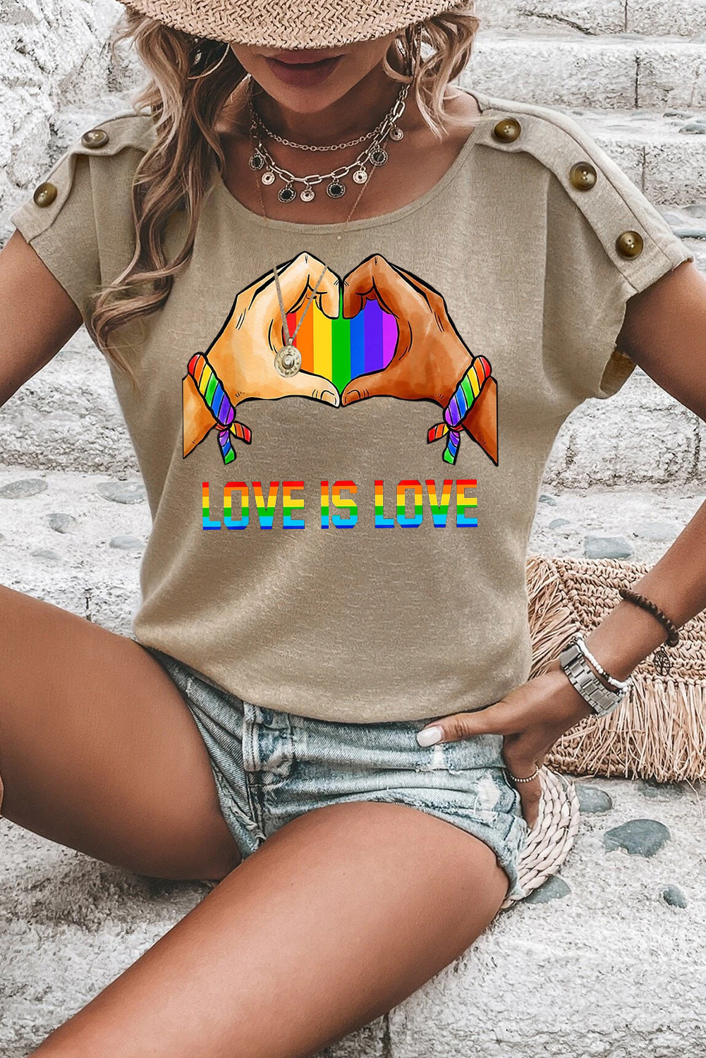 Pride Button Detail Batwing Sleeve Casual Tee