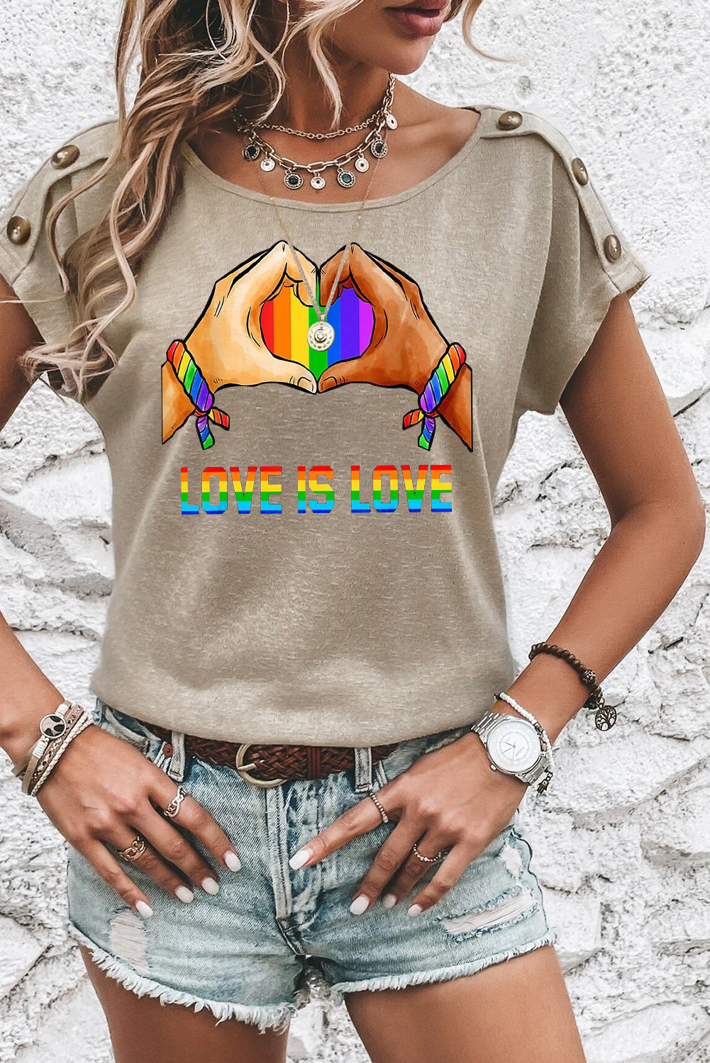 Pride Button Detail Batwing Sleeve Casual Tee