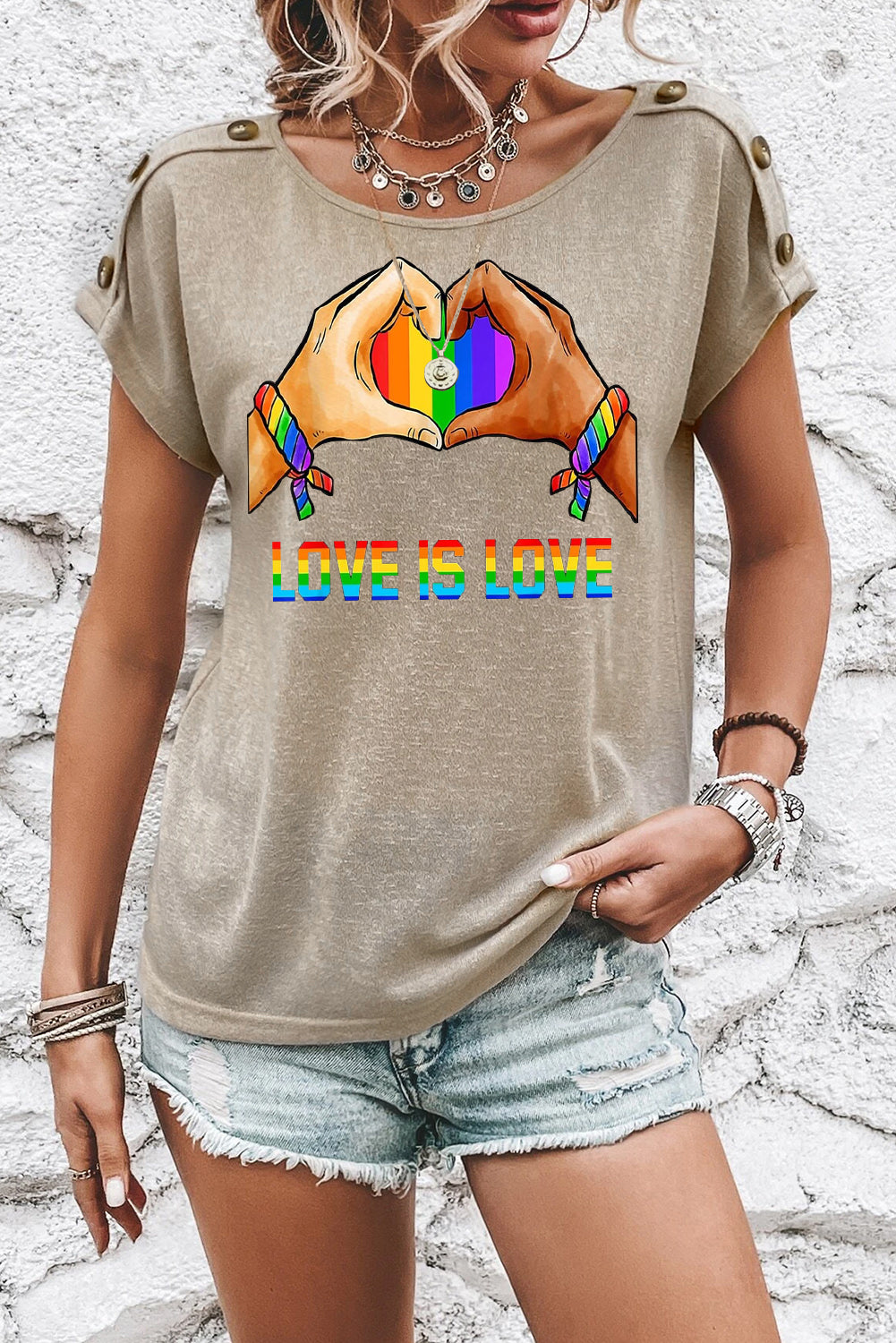 Pride Button Detail Batwing Sleeve Casual Tee