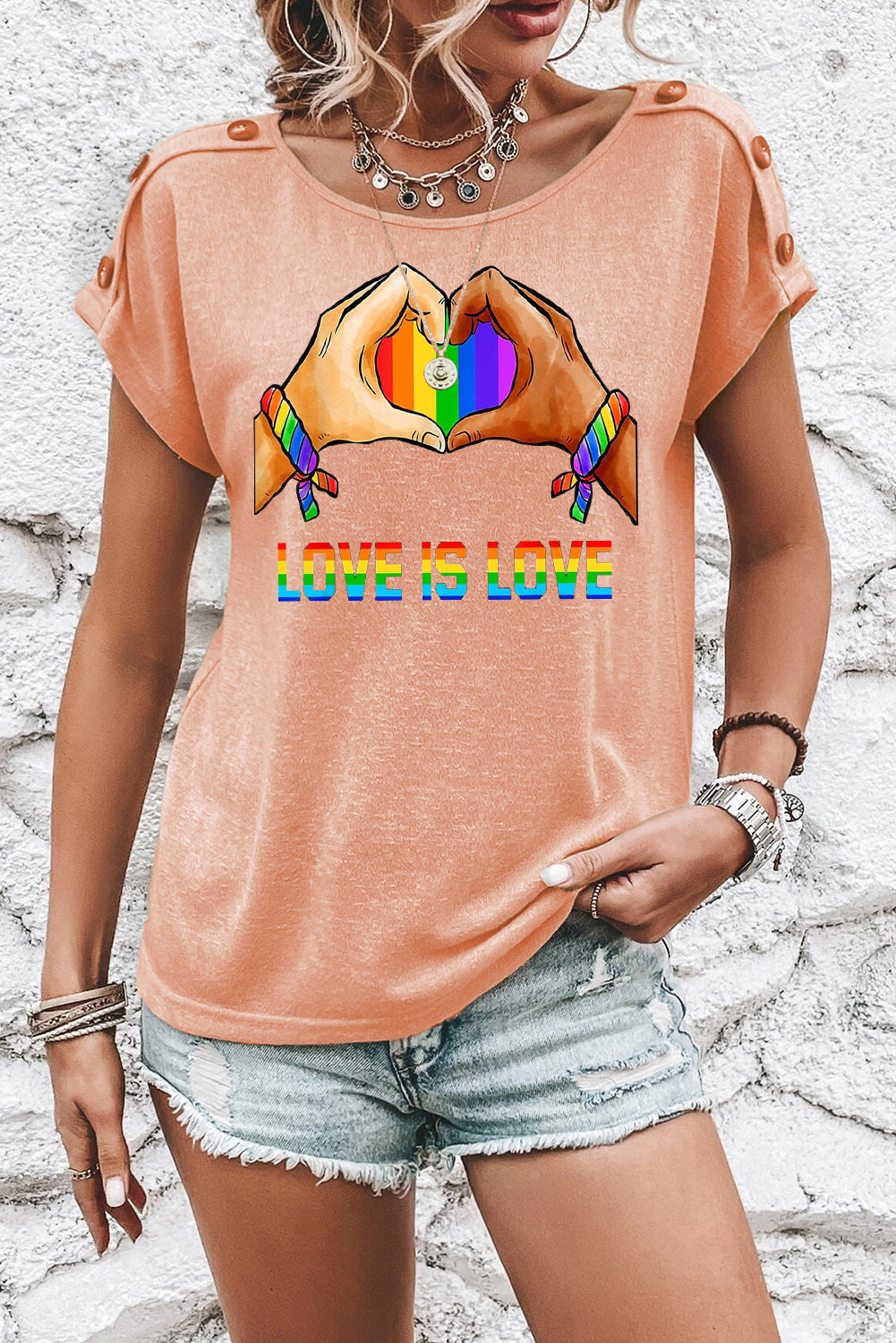 Pride Button Detail Batwing Sleeve Casual Tee