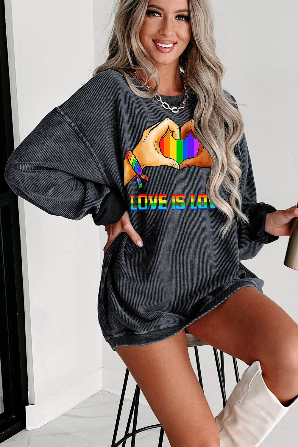 Rainbow Print Ribbed Knit Round Neck Pullover Sweatshirt