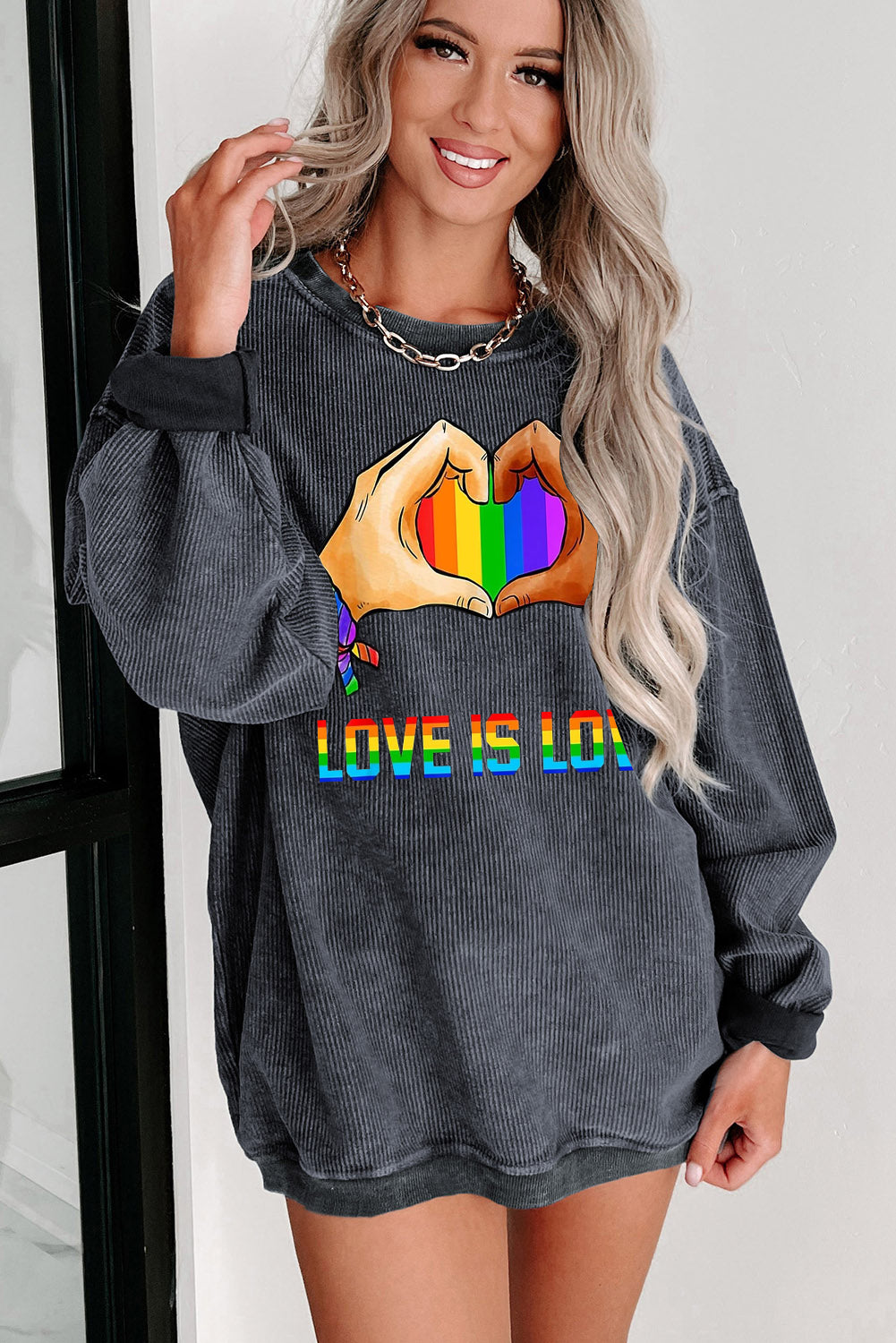 Rainbow Print Ribbed Knit Round Neck Pullover Sweatshirt