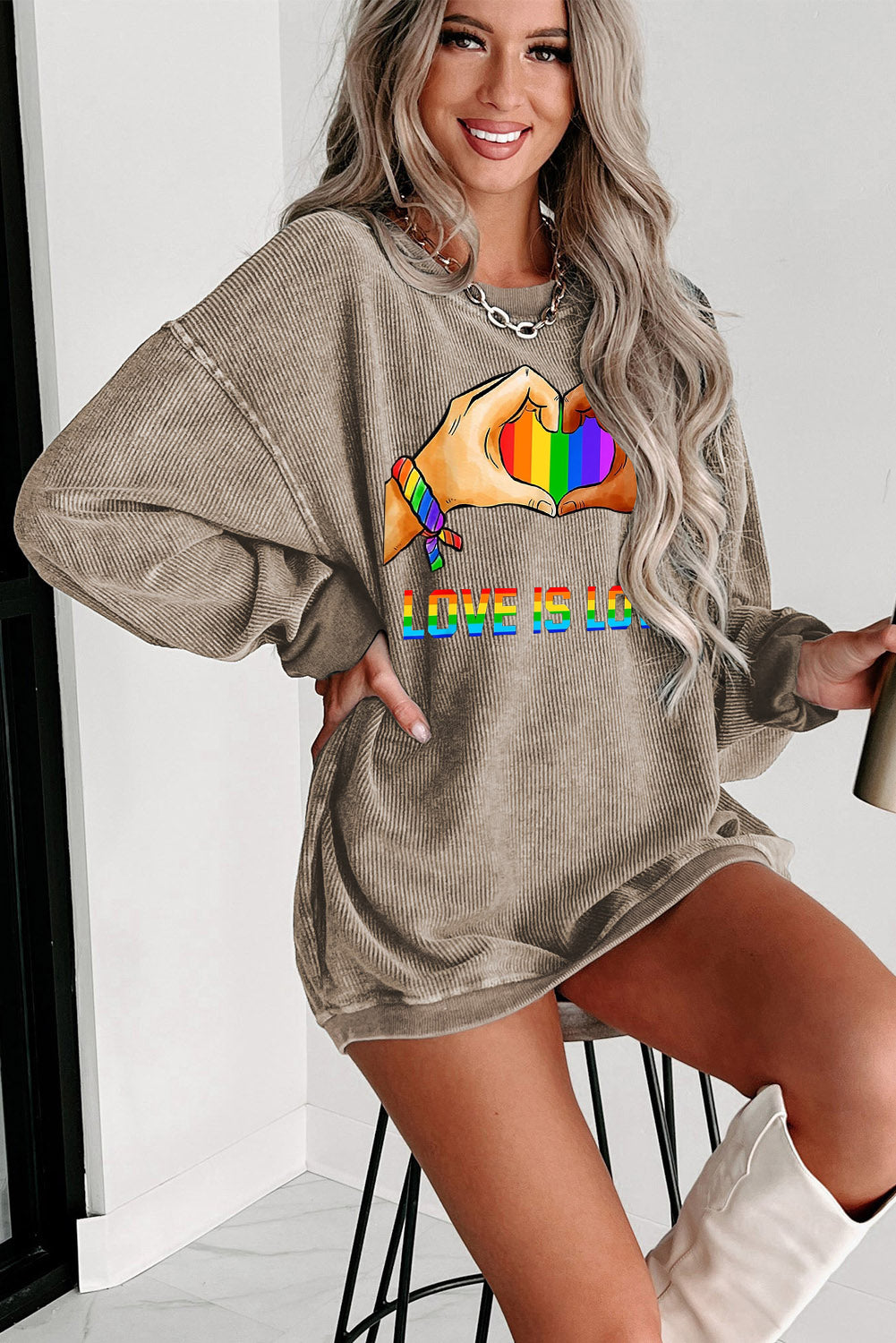 Rainbow Print Ribbed Knit Round Neck Pullover Sweatshirt