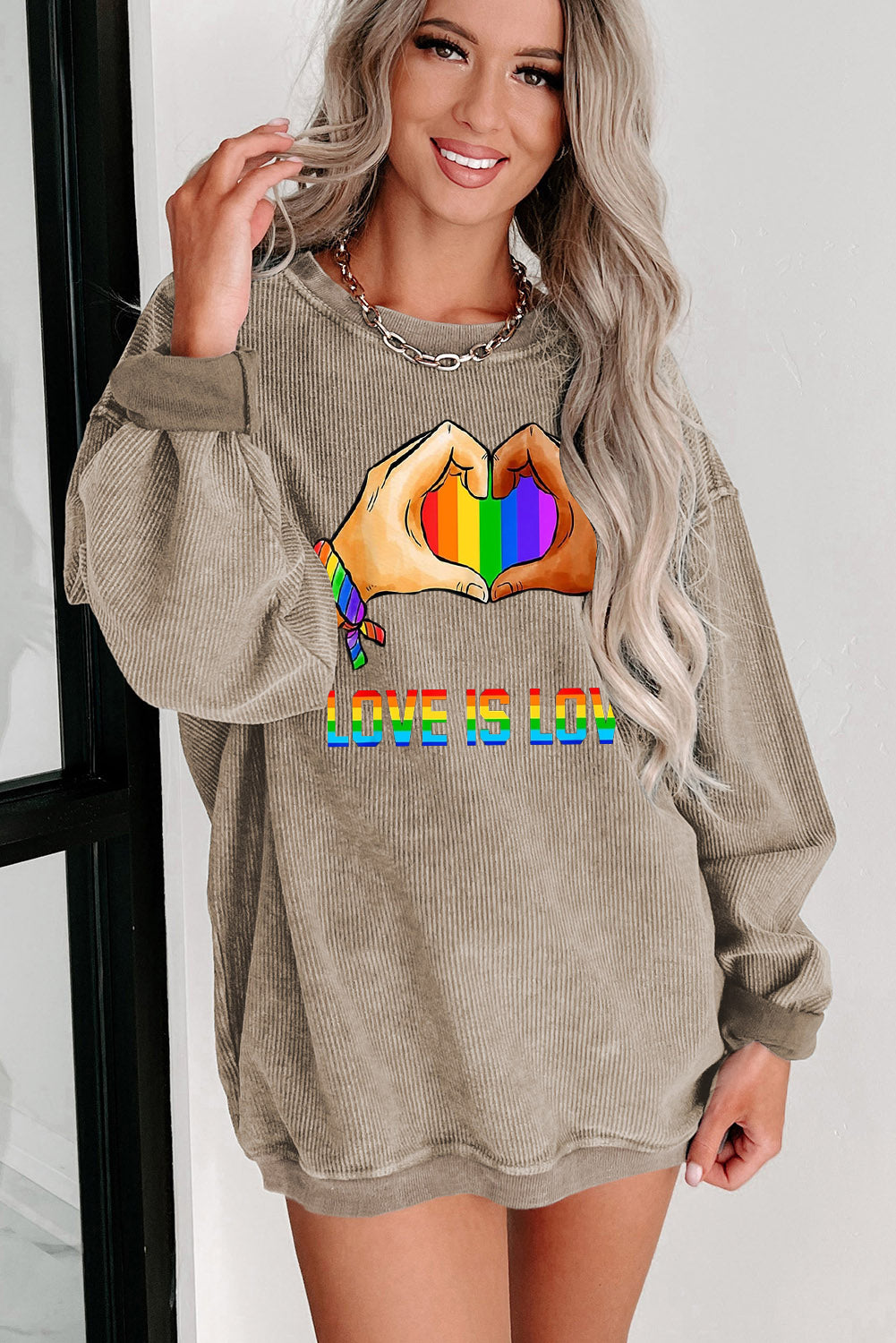 Rainbow Print Ribbed Knit Round Neck Pullover Sweatshirt
