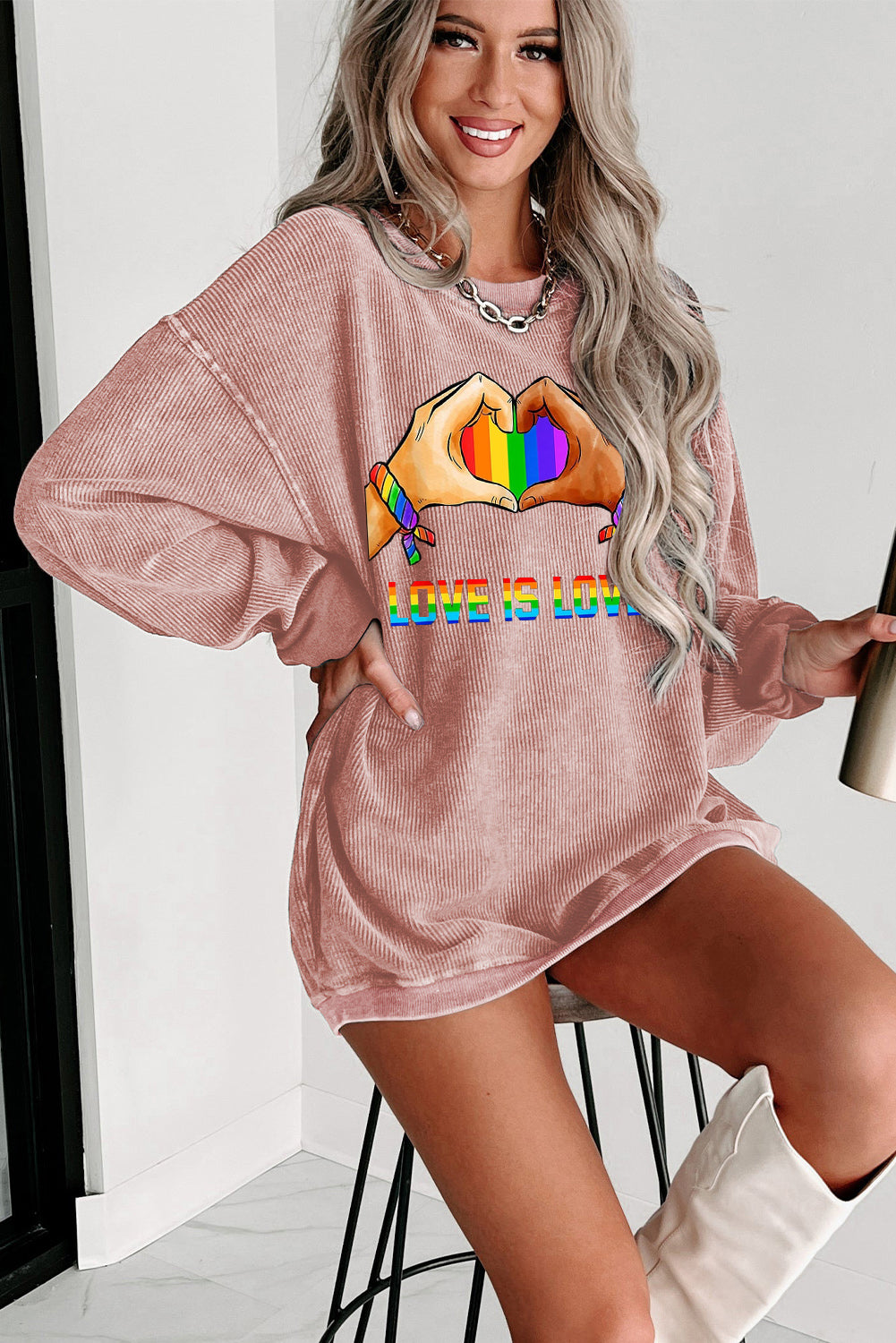 Rainbow Print Ribbed Knit Round Neck Pullover Sweatshirt