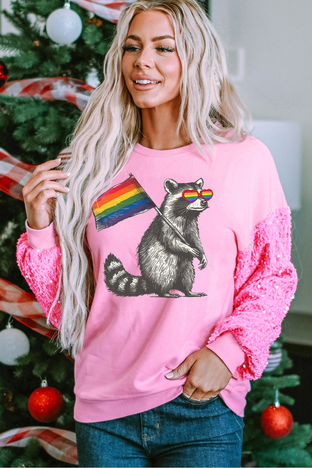 Rainbow Sequin Patchwork Long Sleeve Pullover