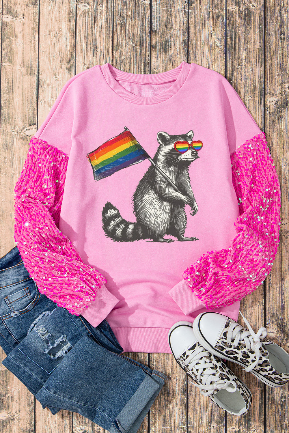 Rainbow Sequin Patchwork Long Sleeve Pullover