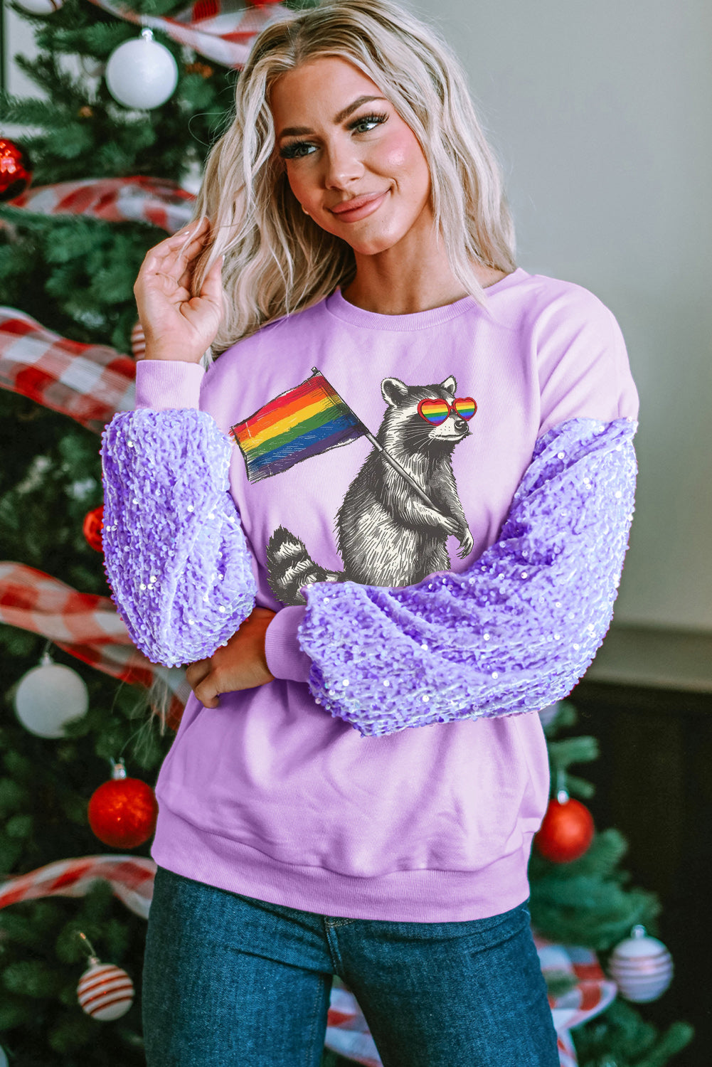 Rainbow Sequin Patchwork Long Sleeve Pullover