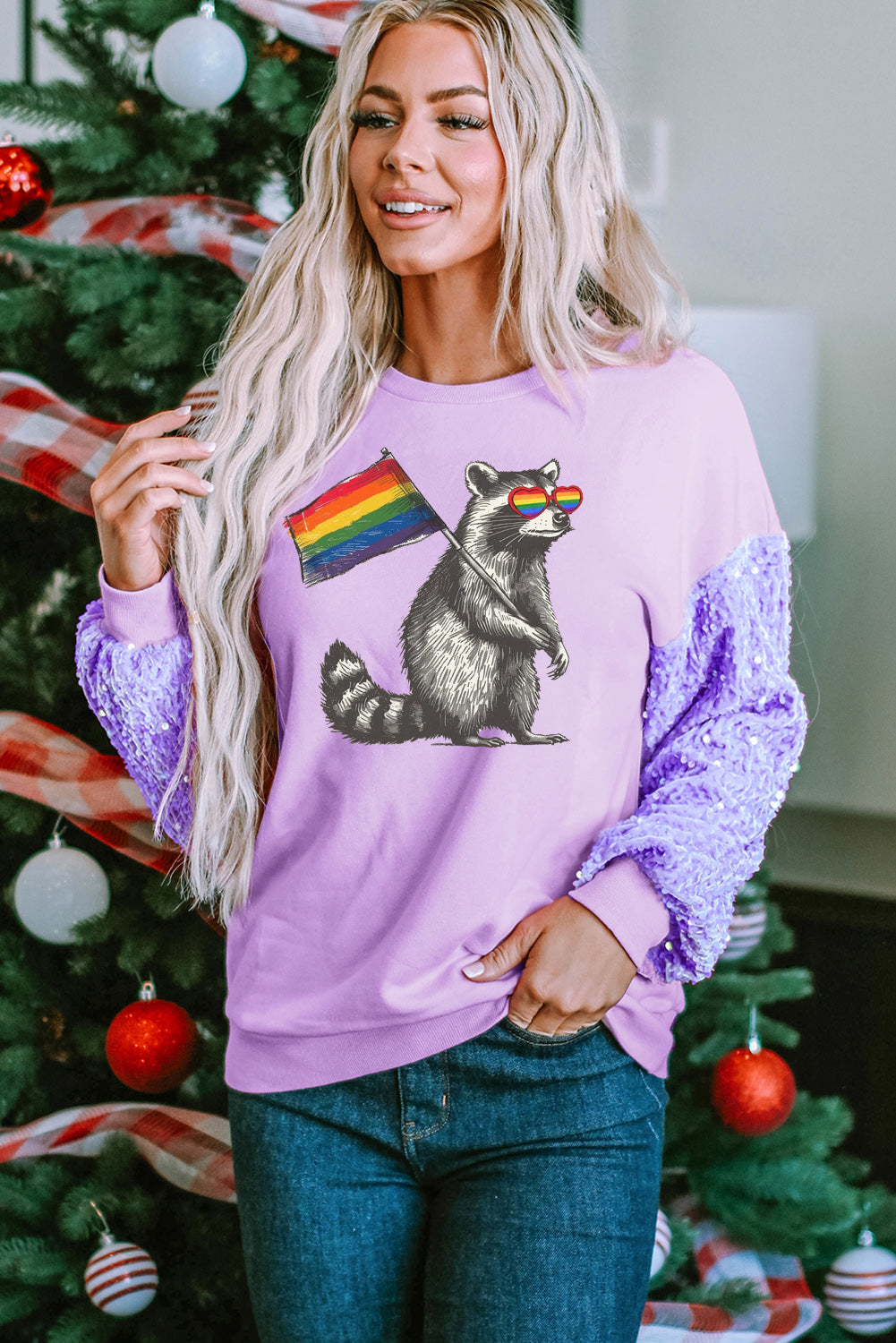 Rainbow Sequin Patchwork Long Sleeve Pullover