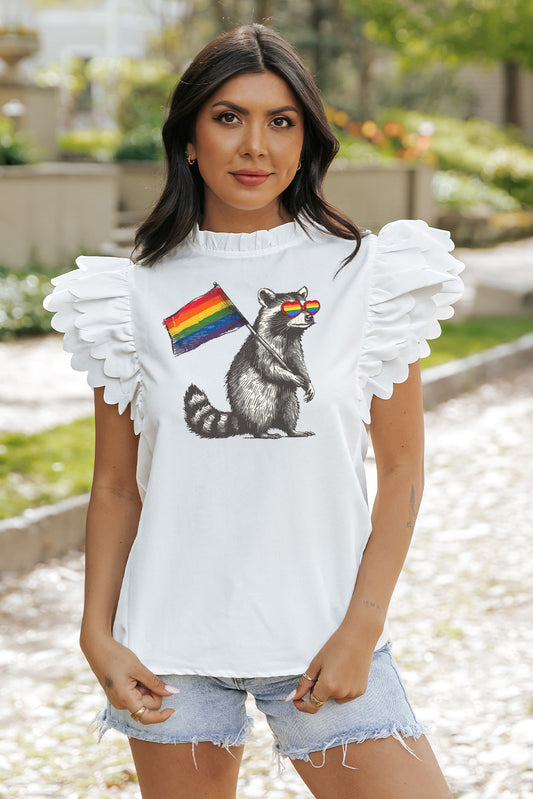 Rainbow Solid Color Scalloped Ruffle Sleeve Top Pride Moon