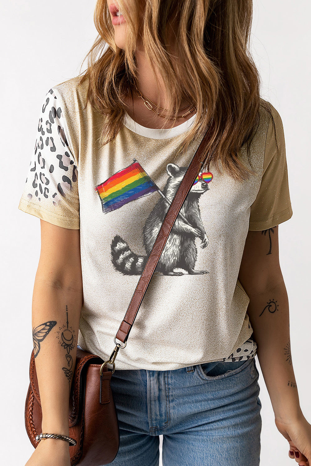 Pride Rainbow Bleached Leopard Print Crew Neck Top