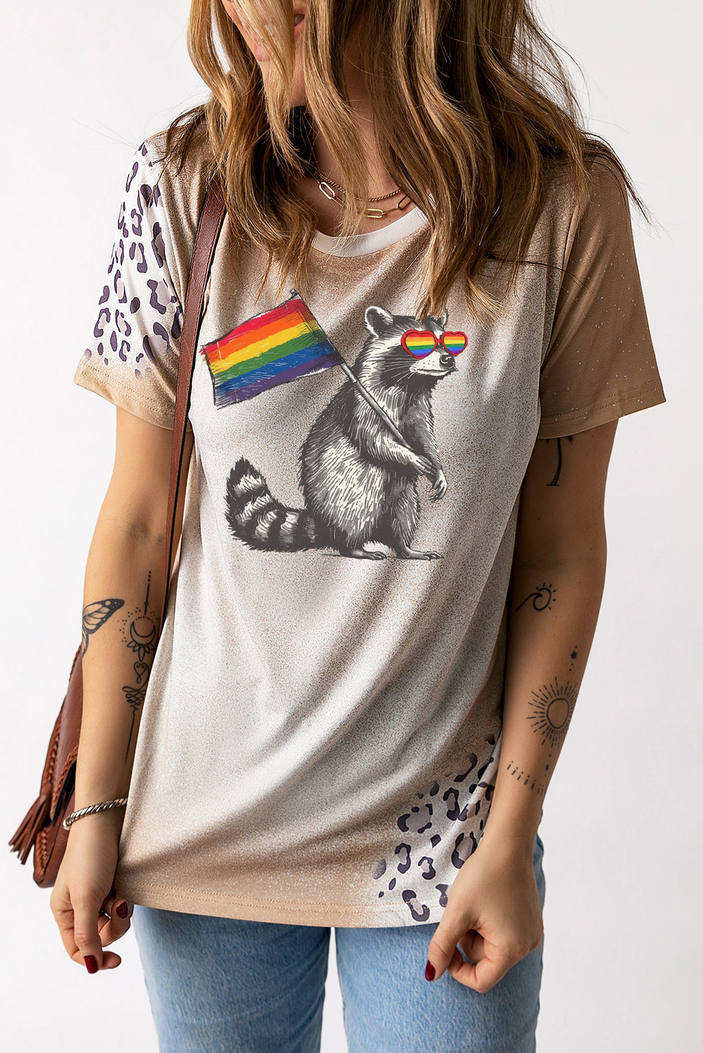Pride Rainbow Bleached Leopard Print Crew Neck Top
