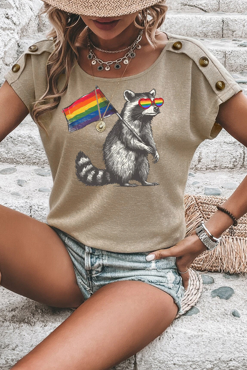 Rainbow Button Detail Batwing Sleeve Casual Tee