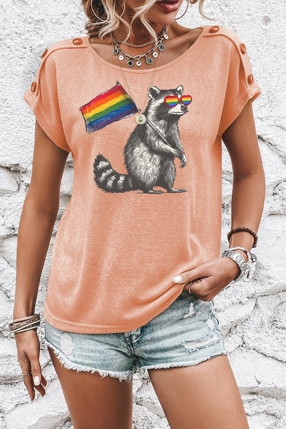 Rainbow Button Detail Batwing Sleeve Casual Tee