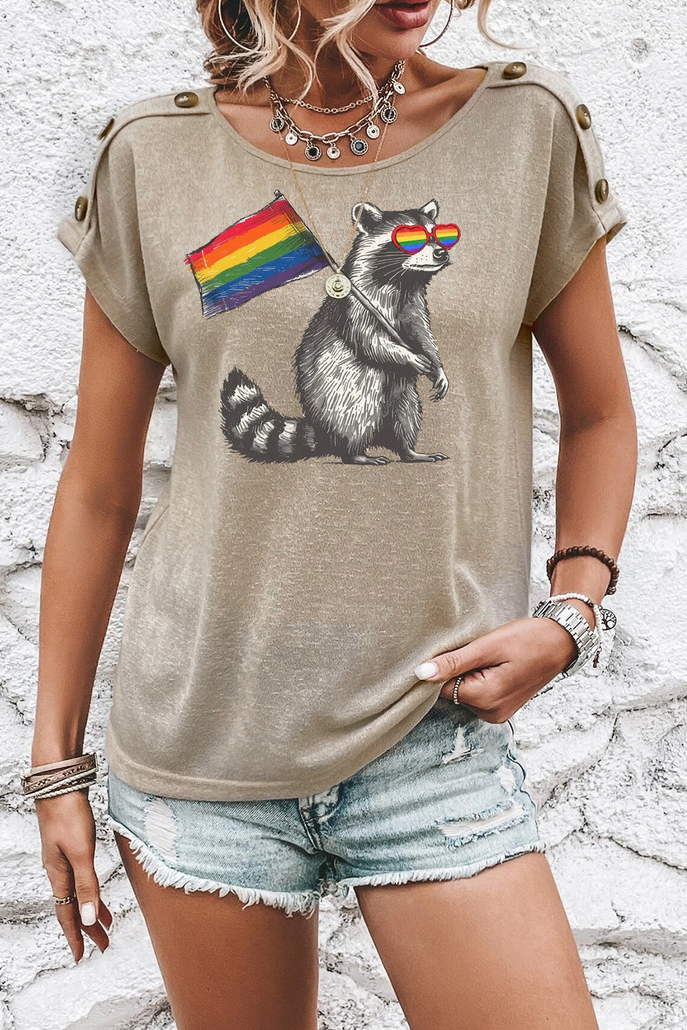 Rainbow Button Detail Batwing Sleeve Casual Tee