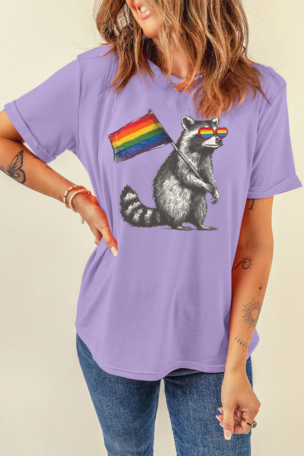 Rainbow Print Casual Plain Crew Neck T-Shirt