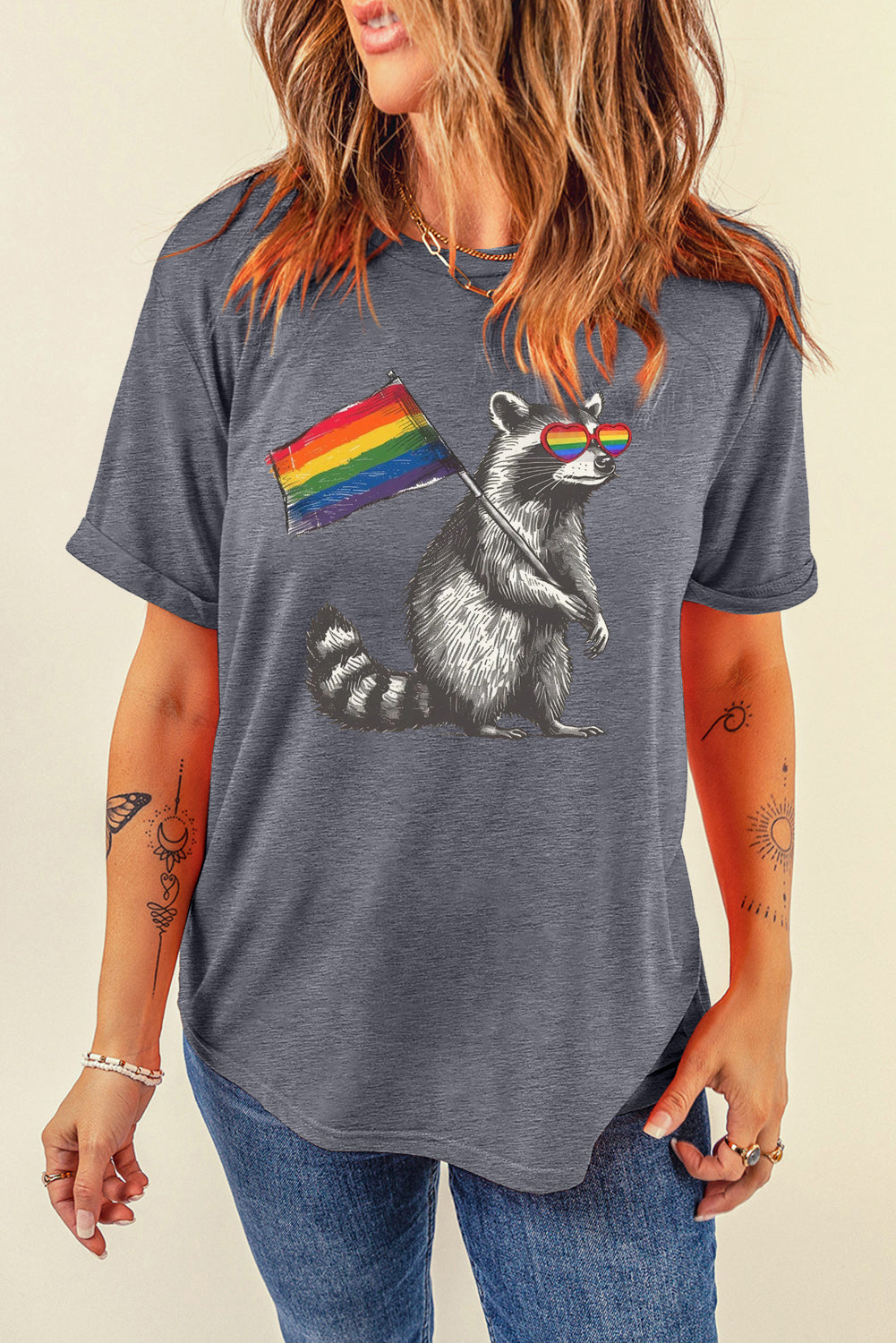 Rainbow Print Casual Plain Crew Neck T-Shirt