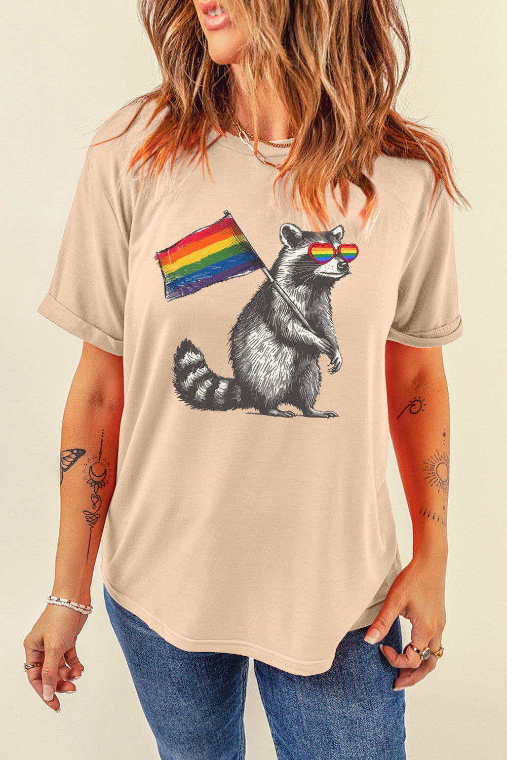 Rainbow Print Casual Plain Crew Neck T-Shirt