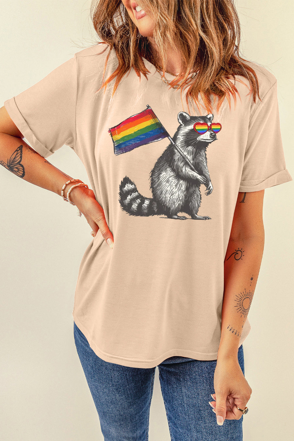 Rainbow Print Casual Plain Crew Neck T-Shirt