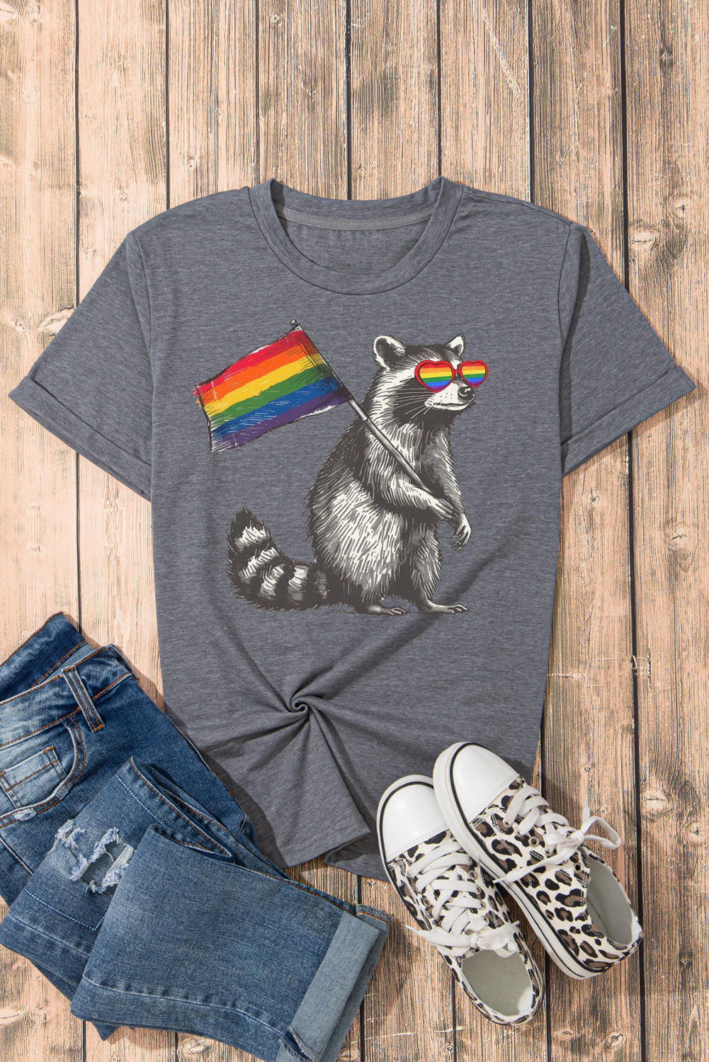 Rainbow Print Casual Plain Crew Neck T-Shirt