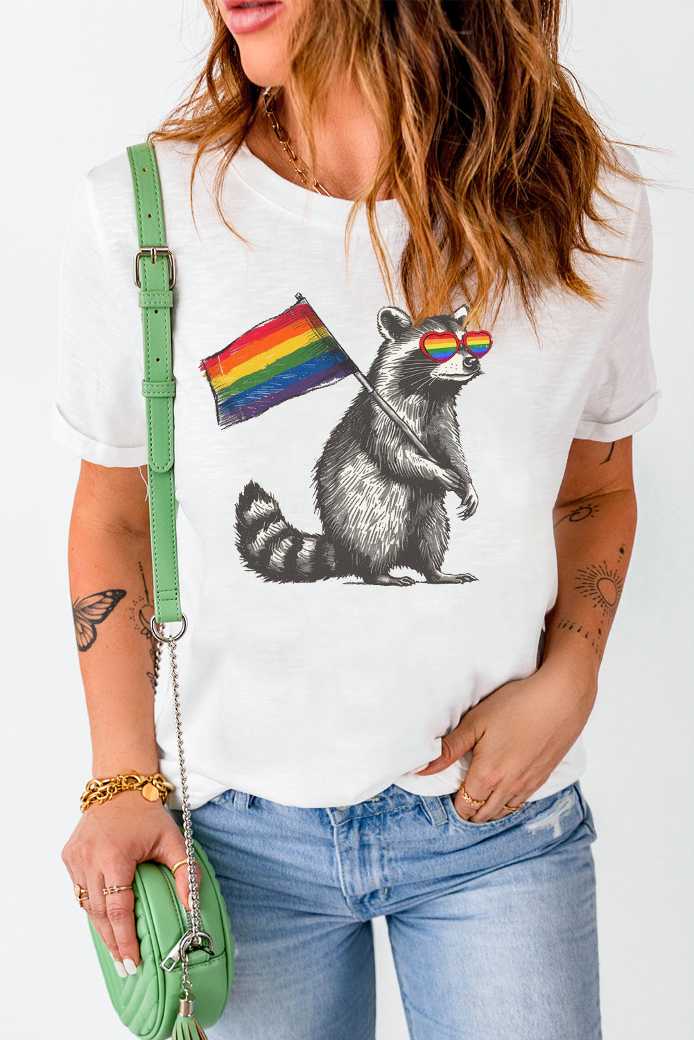 Rainbow Print Casual Plain Crew Neck T-Shirt