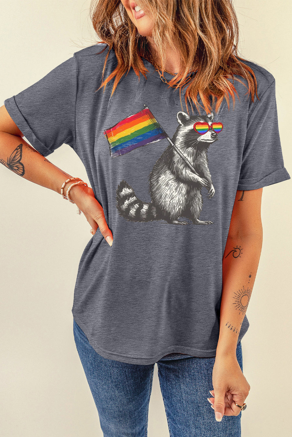 Rainbow Print Casual Plain Crew Neck T-Shirt
