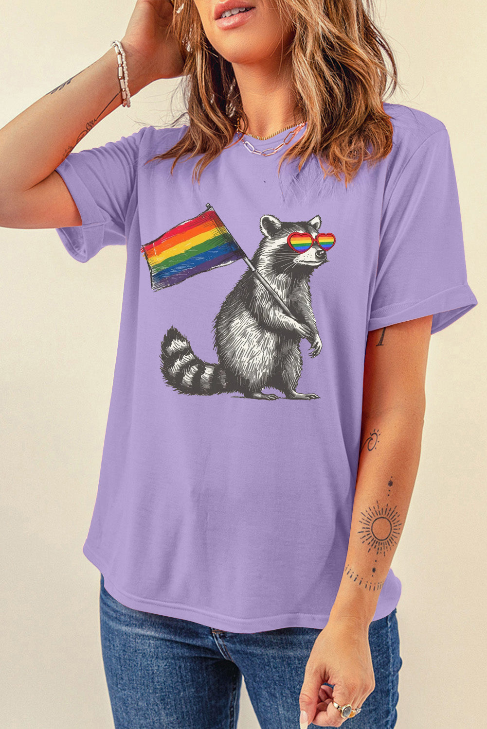 Rainbow Print Casual Plain Crew Neck T-Shirt