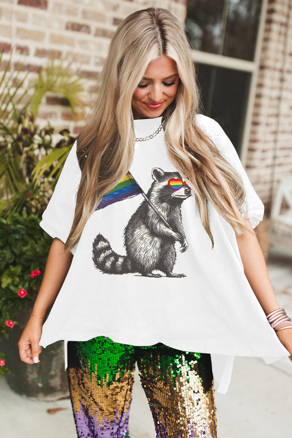 Pride Moon Rainbow Print Loose Half Sleeve High Low Hem T-Shirt